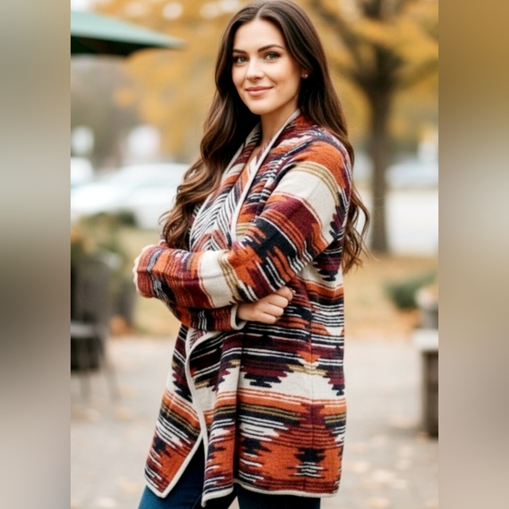 Lucky Brand Aztec Vibrant Striped Cotton Blend Drape Hi-Lo Cardigan 3X - Picture 16 of 16